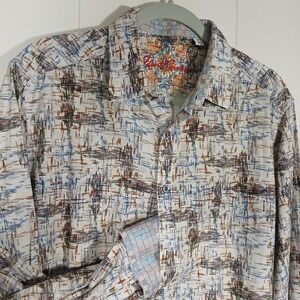 Robert Graham Shirt Flip Cuff Embroidered Button Up Men's Large Beige Abstract